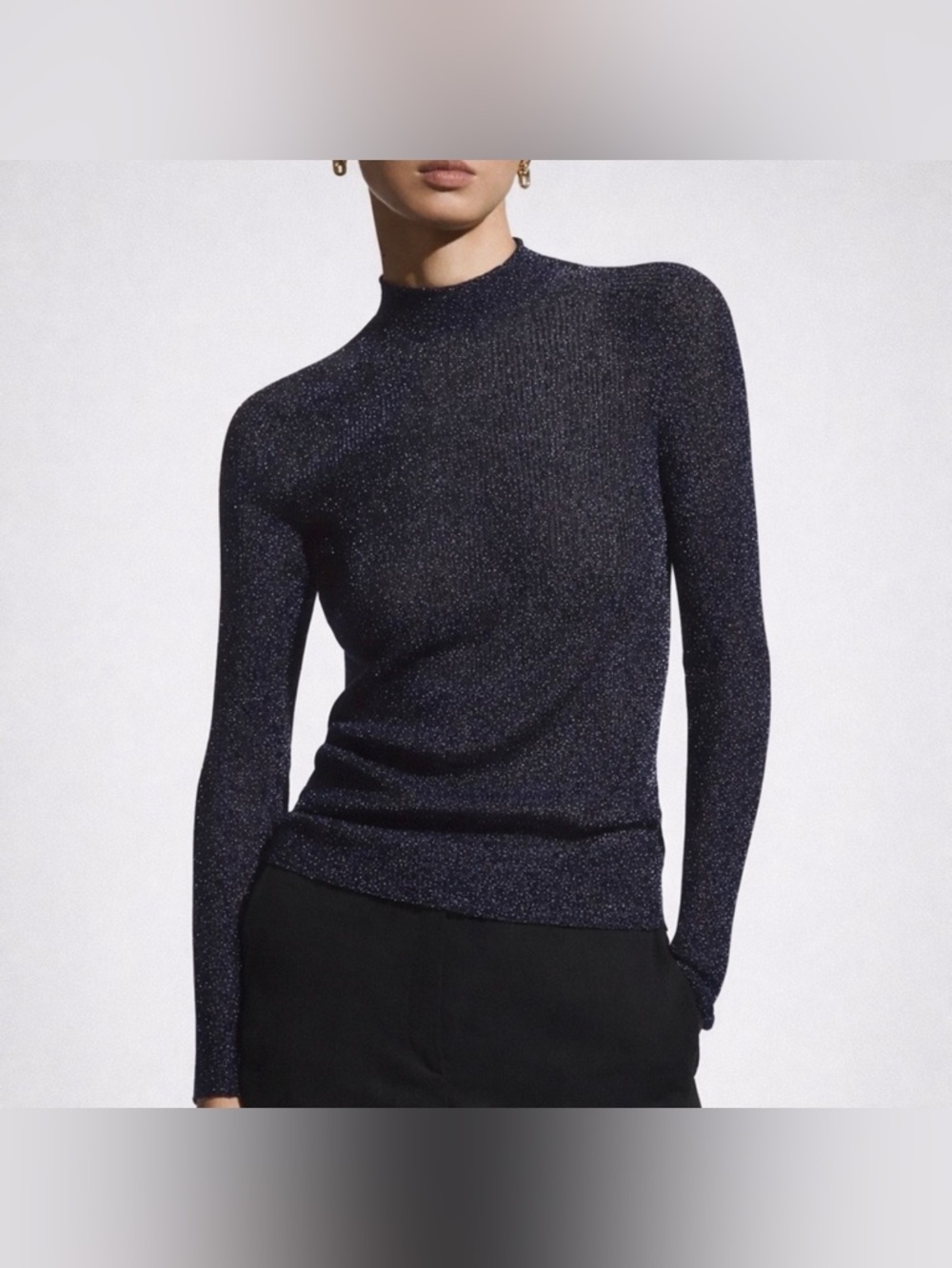 COS Purple Metallic Shimmer Ribbed Mock Neck Sheer Pullover Sweater Medium